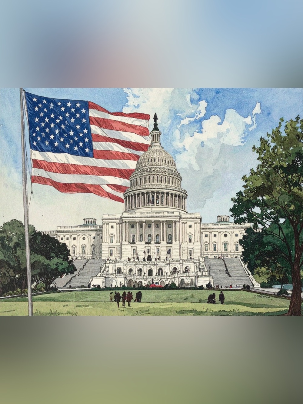 Patriotic US Capitol Watercolor Art Print - Red, Blue, White